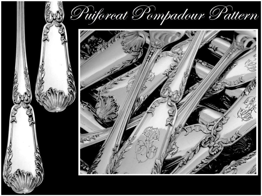 PUIFORCAT French Sterling Silver Flatware 18 pc Pompadour Stainless Steel blades

A rare flatware with foliate, shell and ribbon decoration. There are plate of the Maison Puiforcat catalogue, and is called 