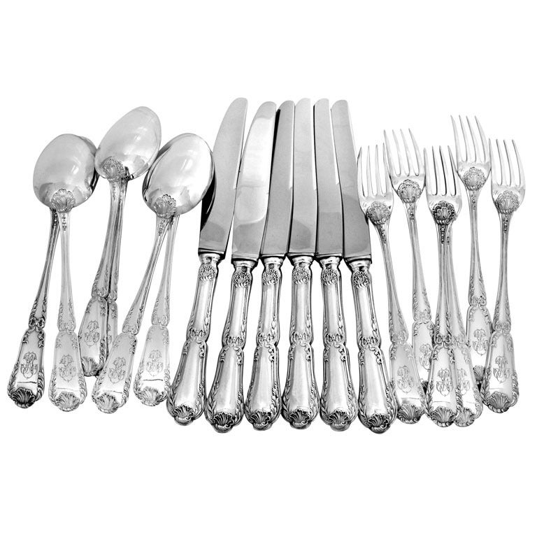 Puiforcat French Sterling Silver Flatware 18 pc Pompadour Stainless Steel Blades For Sale