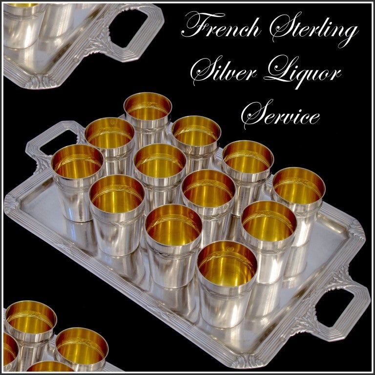 Gorgeous French All Sterling Silver Vermeil Liquor Cups 12 pc w/Tray Louis XVI Pattern

This set is an exceptional example of the developed Louis XVI style. Very high quality work. The set includes twelve sterling silver vermeil liquor cups and