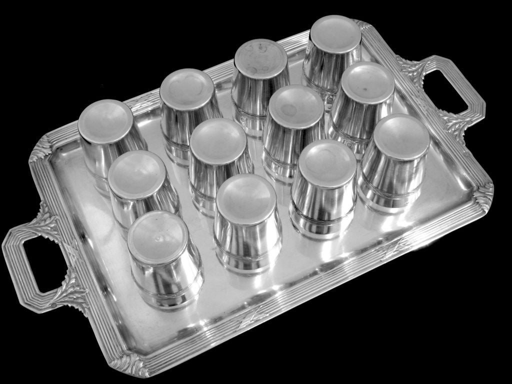Art Deco Gorgeous French All Sterling Silver Vermeil Liquor Cups 12 pc with Tray Louis XVI Pattern