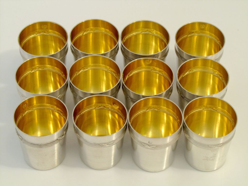 Gorgeous French All Sterling Silver Vermeil Liquor Cups 12 pc with Tray Louis XVI Pattern 1