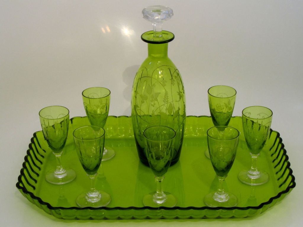 Art Nouveau 1900s St. Louis French Green Crystal Liqueur Set - Decanter Cordials and Tray