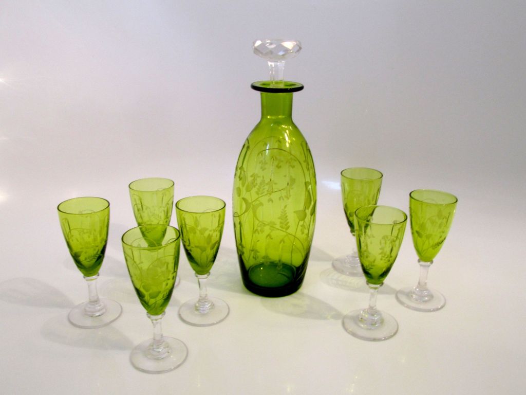 Women's or Men's 1900s St. Louis French Green Crystal Liqueur Set - Decanter Cordials and Tray