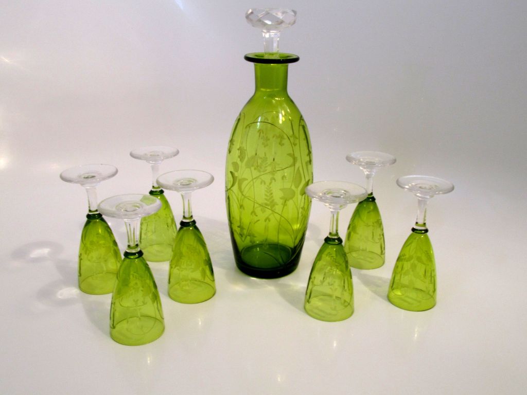 1900s St. Louis French Green Crystal Liqueur Set - Decanter Cordials and Tray 1