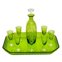 Antique 1900s St. Louis French Green Crystal Liqueur Set - Decanter Cordials and Tray