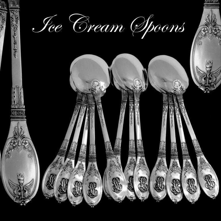Rare French All Sterling Silver Vermeil Ice Cream Spoons 12 pc Empire Torch