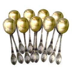 Rare French All Sterling Silver Vermeil Ice Cream Spoons 12 pc Empire Torch