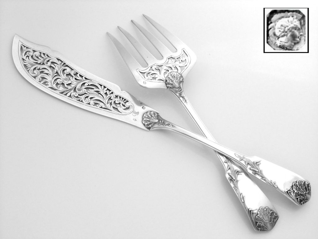 Art Nouveau Grandvigne Fabulous French All Sterling Silver Fish Servers 2 pc Reed Motifs For Sale