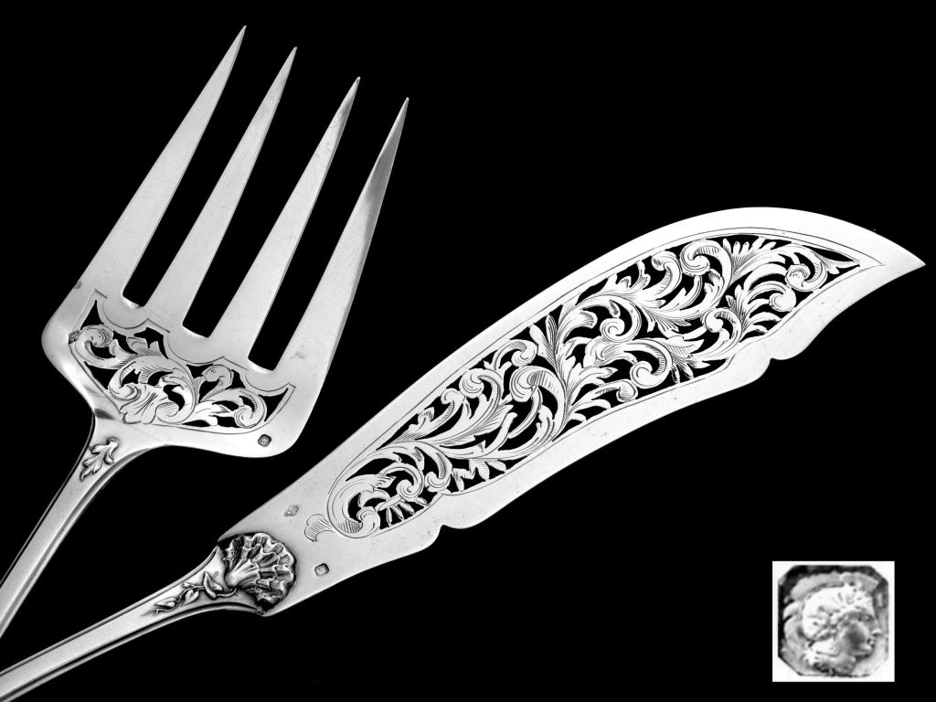 Grandvigne Fabulous French All Sterling Silver Fish Servers 2 pc Reed Motifs For Sale 4
