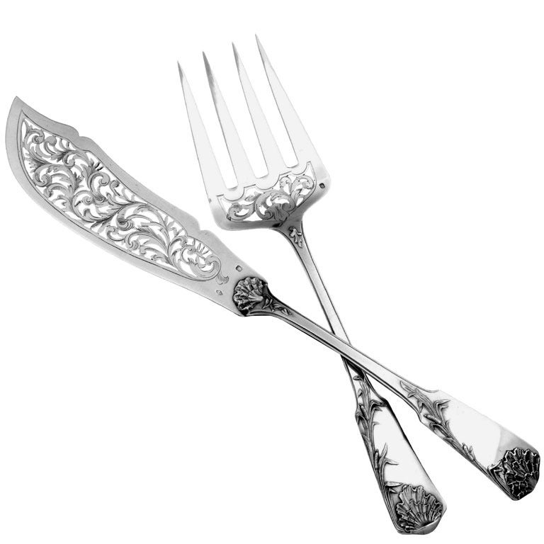 Grandvigne Fabulous French All Sterling Silver Fish Servers 2 pc Reed Motifs For Sale
