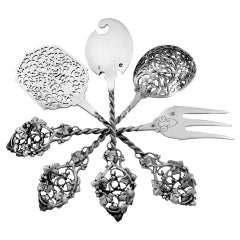 Antique PUIFORCAT French All Sterling Silver Hors D'oeuvre Set 4 pc w/box Vine leaves