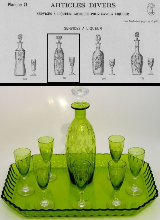 1900s St. Louis French Green Crystal Liqueur Set - Decanter Cordials and Tray 5