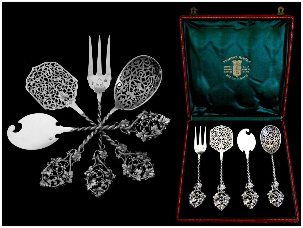 Art Nouveau PUIFORCAT French All Sterling Silver Hors D'oeuvre Set 4 pc w/box Vine leaves