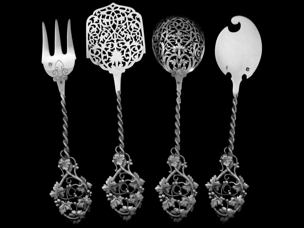 PUIFORCAT French All Sterling Silver Hors D'oeuvre Set 4 pc w/box Vine leaves 2