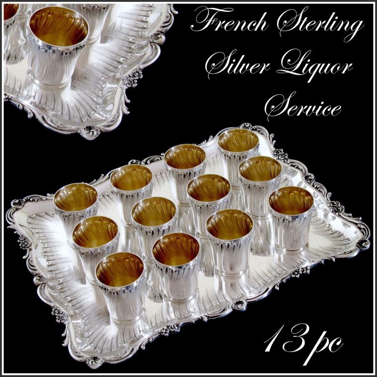 RAVINET Rare French All Sterling Silver Vermeil Liquor Cups 12 pc w/Tray Rococo 

This set is an exceptional example of the very developed Rococo style. Very high quality work. The set includes twelve sterling silver vermeil liquor cups and his