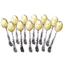Antique French Sterling Silver Vermeil Tea Spoons Set 12 pc Rococo