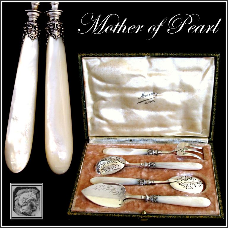 Gorgeous French Sterling Silver & Mother of Pearl Dessert Set 4 pc w/box 

High quality for this french sterling silver dessert set 4 pc , mother of Pearl handles and sterling silver upper parts. The set includes a server, a spoon, a fork & a