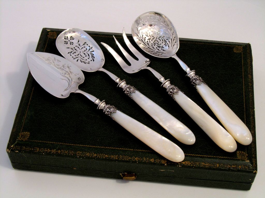 Art Nouveau Gorgeous French Sterling Silver & Mother of Pearl Dessert Set 4 pc w/box