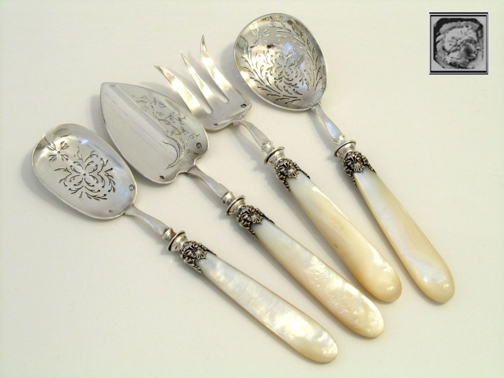 Women's or Men's Gorgeous French Sterling Silver & Mother of Pearl Dessert Set 4 pc w/box