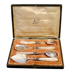 Antique Gorgeous French Sterling Silver & Mother of Pearl Dessert Set 4 pc w/box