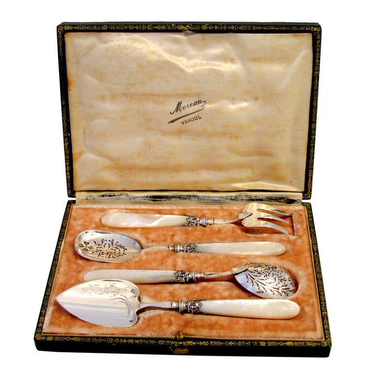 Gorgeous French Sterling Silver & Mother of Pearl Dessert Set 4 pc w/box