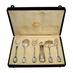 AUCOC French All Sterling Silver Dessert/Hors D'oeuvre Set 6 pc w/box Louis XVI Pattern