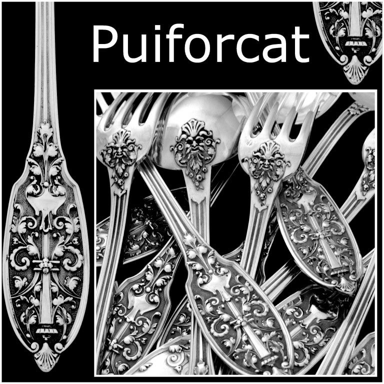 PUIFORCAT Rare French Sterling Silver Dinner Flatware Set 12 pc Renaissance

A rare flatware with fabulous Renaissance decoration. Handles have on one side a sophisticated foliage decoration on a stippled background and the other side a mascaron