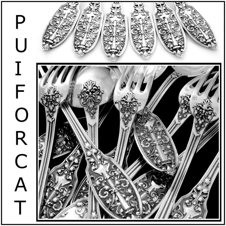 PUIFORCAT Rare French Sterling Silver Dessert Flatware Set 12 pc Renaissance

A rare flatware with fabulous Renaissance decoration. Handles have on one side a sophisticated foliage decoration on a stippled background and the other side a mascaron