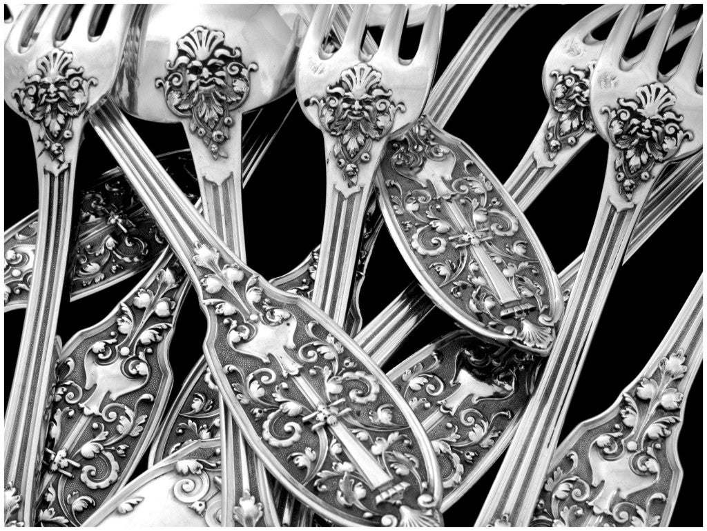 PUIFORCAT Rare French Sterling Silver Dessert Flatware Set 12 pc Renaissance In Good Condition In Triaize, Pays de Loire