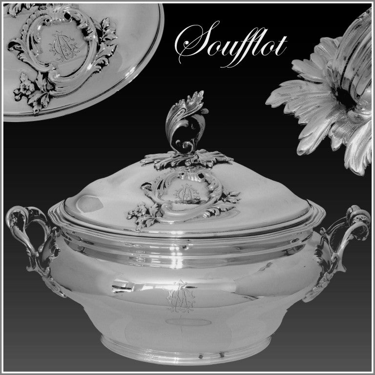 SOUFFLOT Rare French Sterling Silver Covered Serving Dish/Tureen Rococo

Exceptional Rococo Pattern for this Covered Dish/Tureen/Vegetable Dish in all sterling silver. Finesse of design and quality of execution rarely seen. Two identical pieces