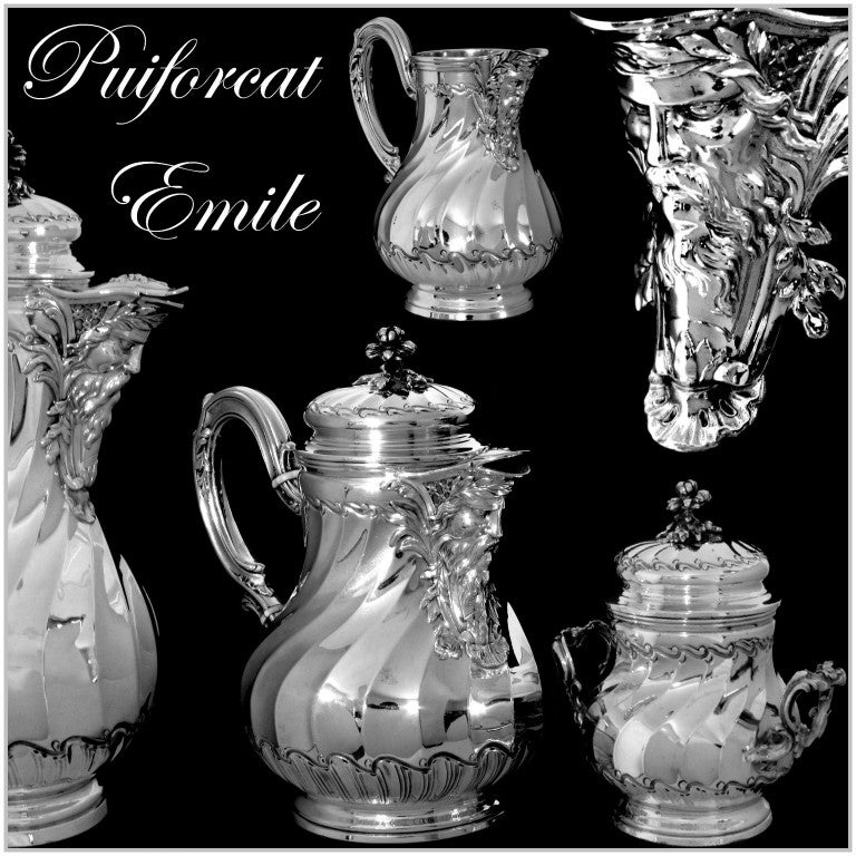 PUIFORCAT Fabulous French All Sterling Silver Tea & Coffee Service 4 pc Bacchus

A rare tea and coffee service 4 pc with fabulous and exaggerated Renaissance pattern with Bacchus decoration. The set includes a Coffee pot, a Teapot, a covered sugar