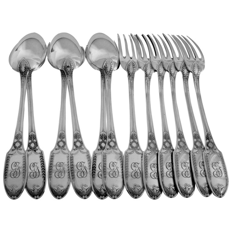 PUIFORCAT Rare French Sterling Silver Dinner Flatware Set 12 pc Swans