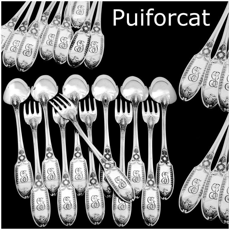 PUIFORCAT Rare French Sterling Silver Dinner Flatware Set 12 pc Swans 5