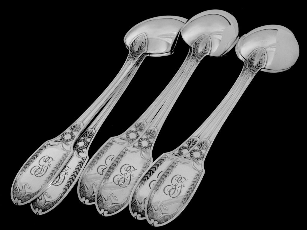 PUIFORCAT Rare French Sterling Silver Dinner Flatware Set 12 pc Swans 1