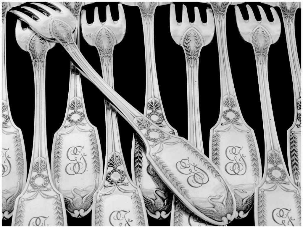 PUIFORCAT Rare French Sterling Silver Dinner Flatware Set 12 pc Swans 2