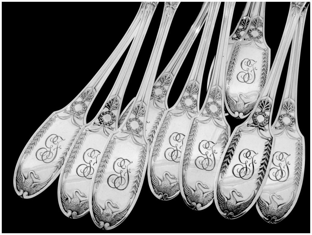 PUIFORCAT Rare French Sterling Silver Dinner Flatware Set 12 pc Swans 4