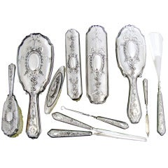 Antique French Sterling Silver Travel Vanity Set 10 pc w/Original Case