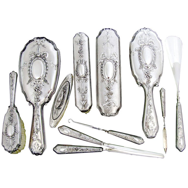 French Sterling Silver Travel Vanity Set 10 pc w/Original Case