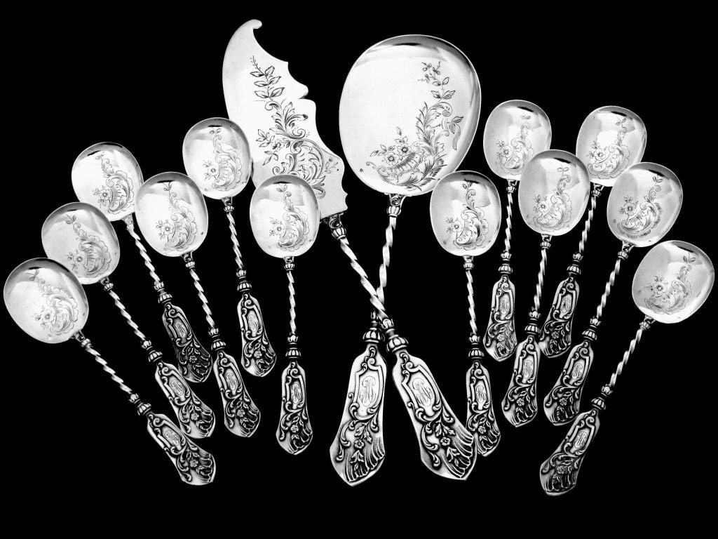 Top Quality French All Sterling Silver Ice Cream Set 14 pc original box Flowers 5