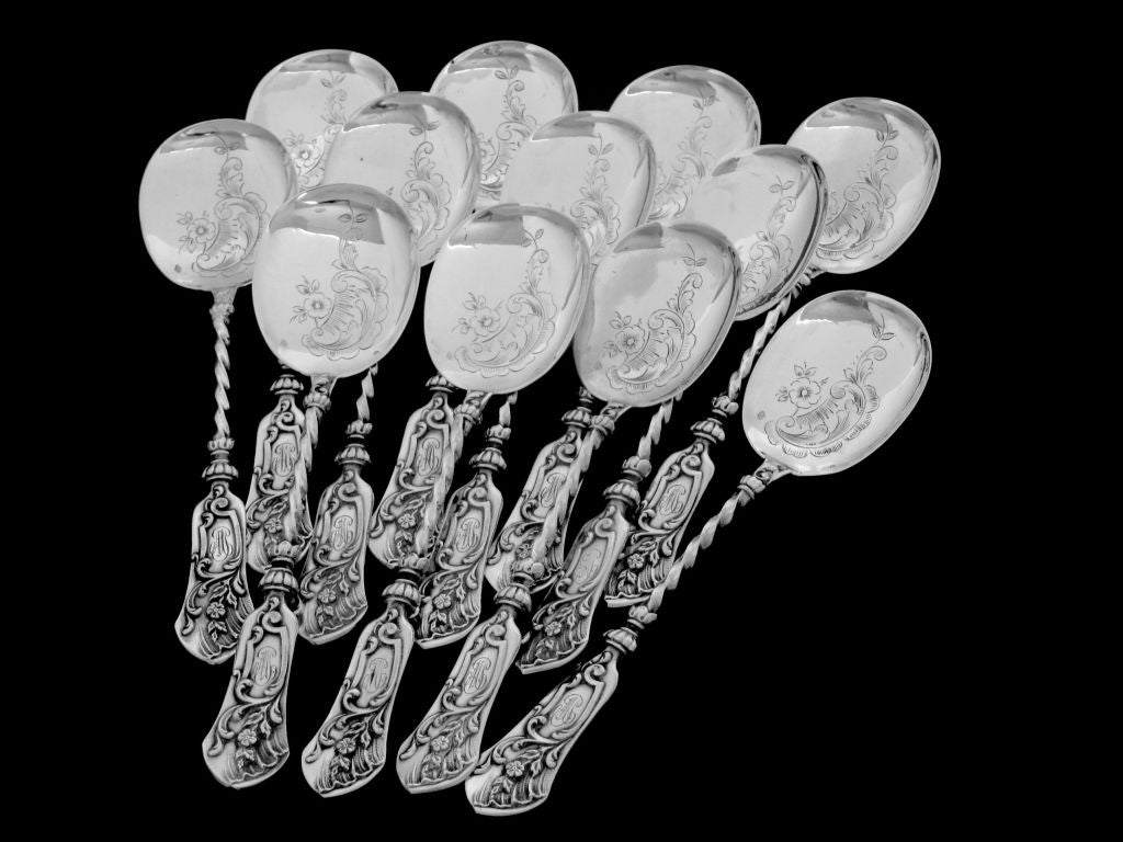Top Quality French All Sterling Silver Ice Cream Set 14 pc original box Flowers 4