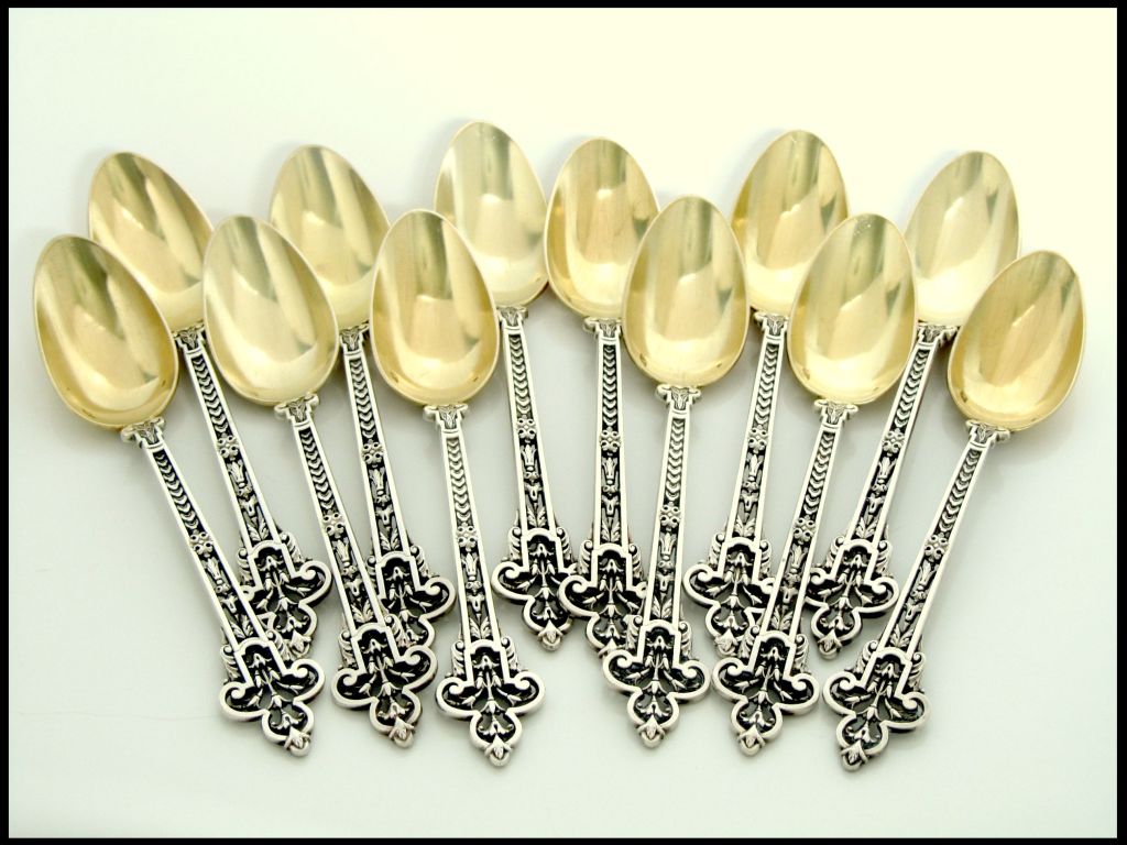 Women's or Men's GRANDVIGNE French Sterling Silver Vermeil Tea Coffee Spoons Set 12 pc Trilobé