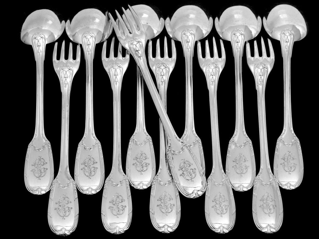 PUIFORCAT French Sterling Silver Dessert Flatware Set 12 pc Neo Classical In Good Condition In Triaize, Pays de Loire