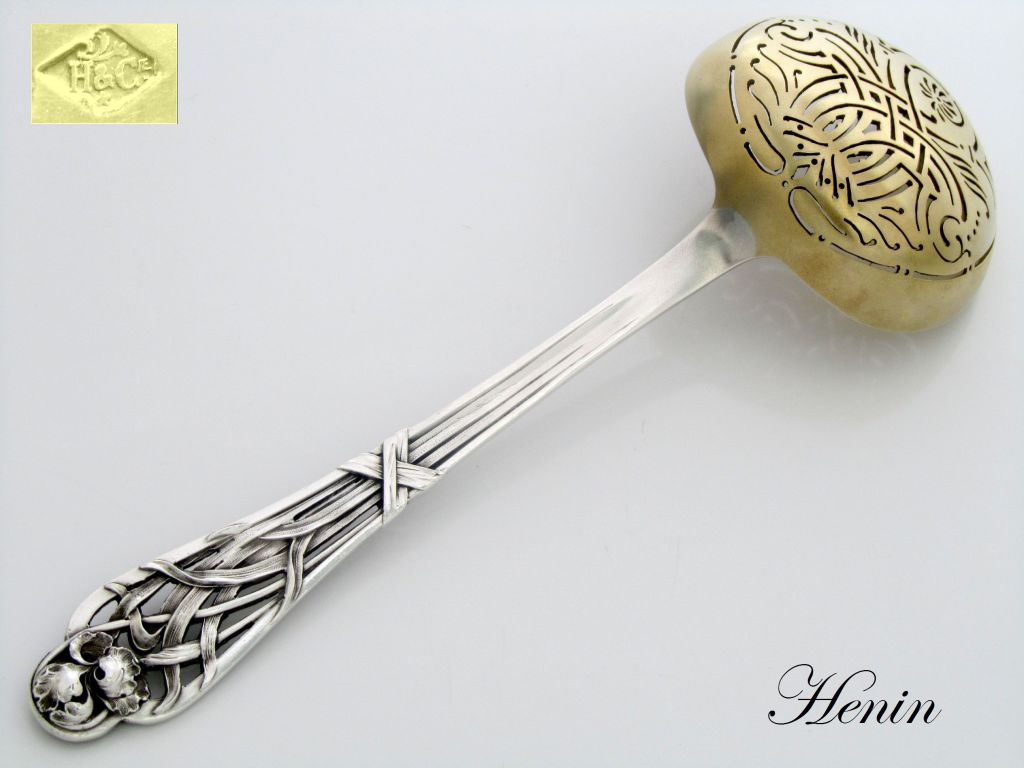 HENIN Fabulous French All Sterling Silver Vermeil Sugar Sifter Spoon Iris
