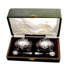 Antique COIGNET French Sterling Silver Salt Cellars 2 pc with Spoons and Original Box Rococo