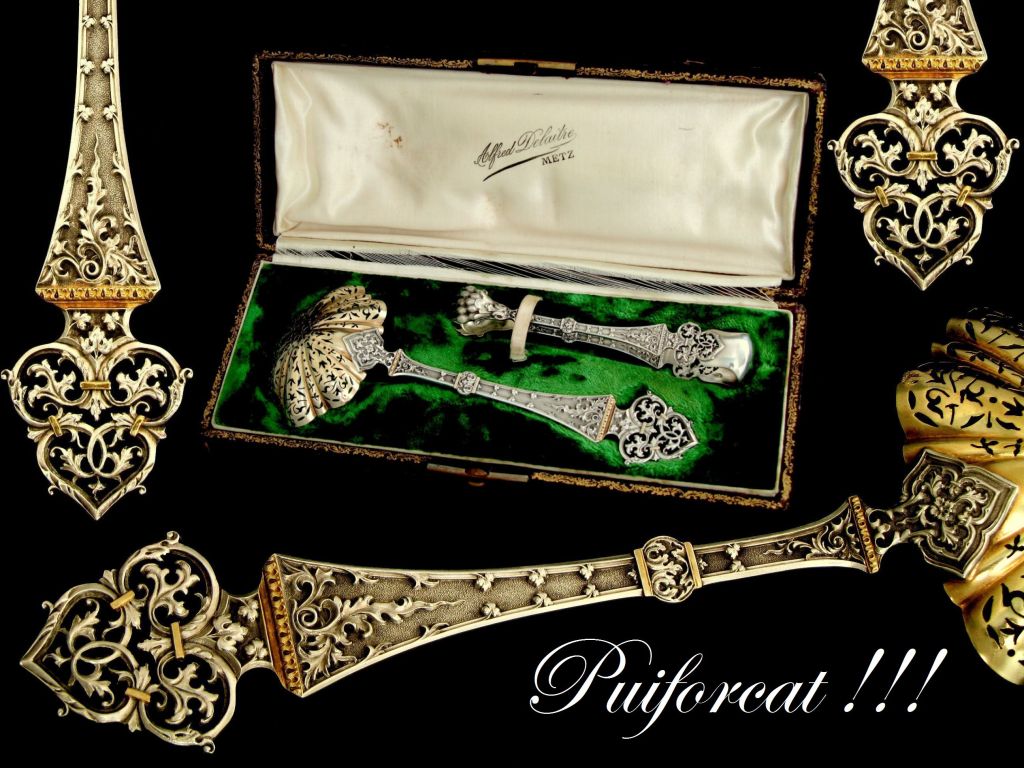 PUIFORCAT Rare French Sterling Silver Vermeil Sugar Service 2 pc w/box Gothic