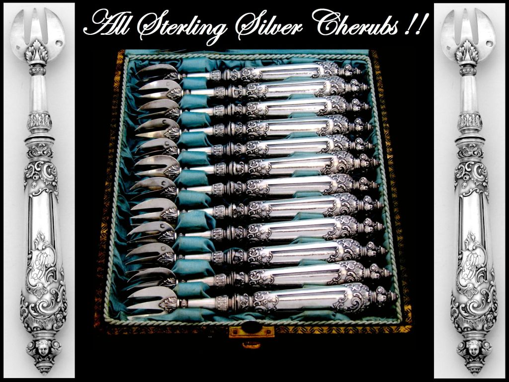 Women's or Men's Fabulous French All Sterling Silver Oyster Forks 12 pc w/original box Cherubs