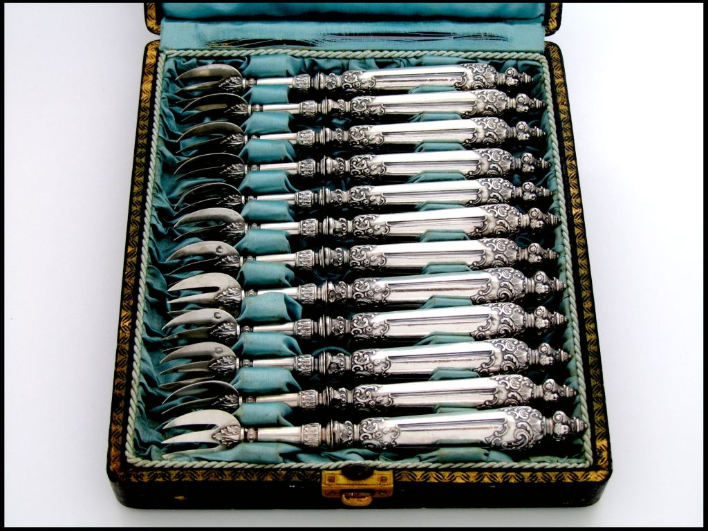 Fabulous French All Sterling Silver Oyster Forks 12 pc w/original box Cherubs 1