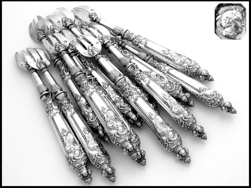 Fabulous French All Sterling Silver Oyster Forks 12 pc w/original box Cherubs 2