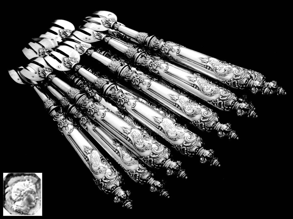Fabulous French All Sterling Silver Oyster Forks 12 pc w/original box Cherubs 3