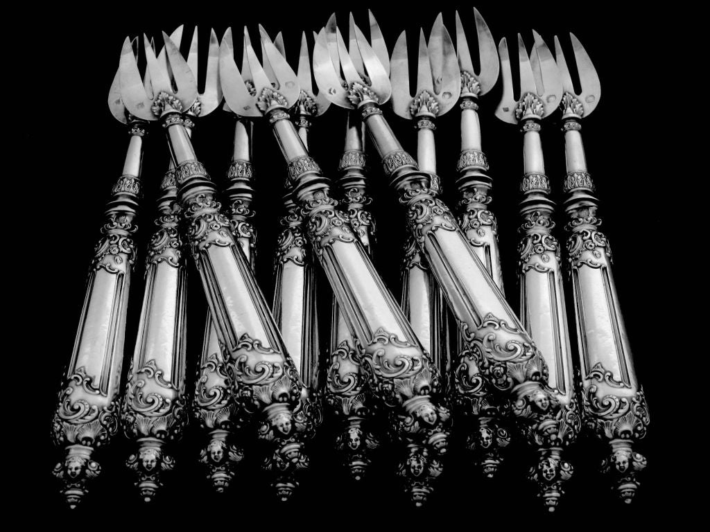 Fabulous French All Sterling Silver Oyster Forks 12 pc w/original box Cherubs 4